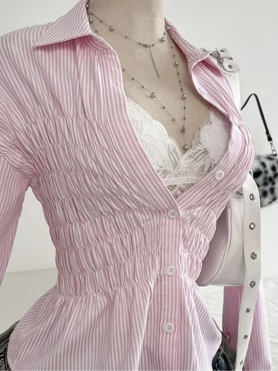 Other Tops - Pink Striped Ruched Button-Down Shirt - Feminine Collared Top